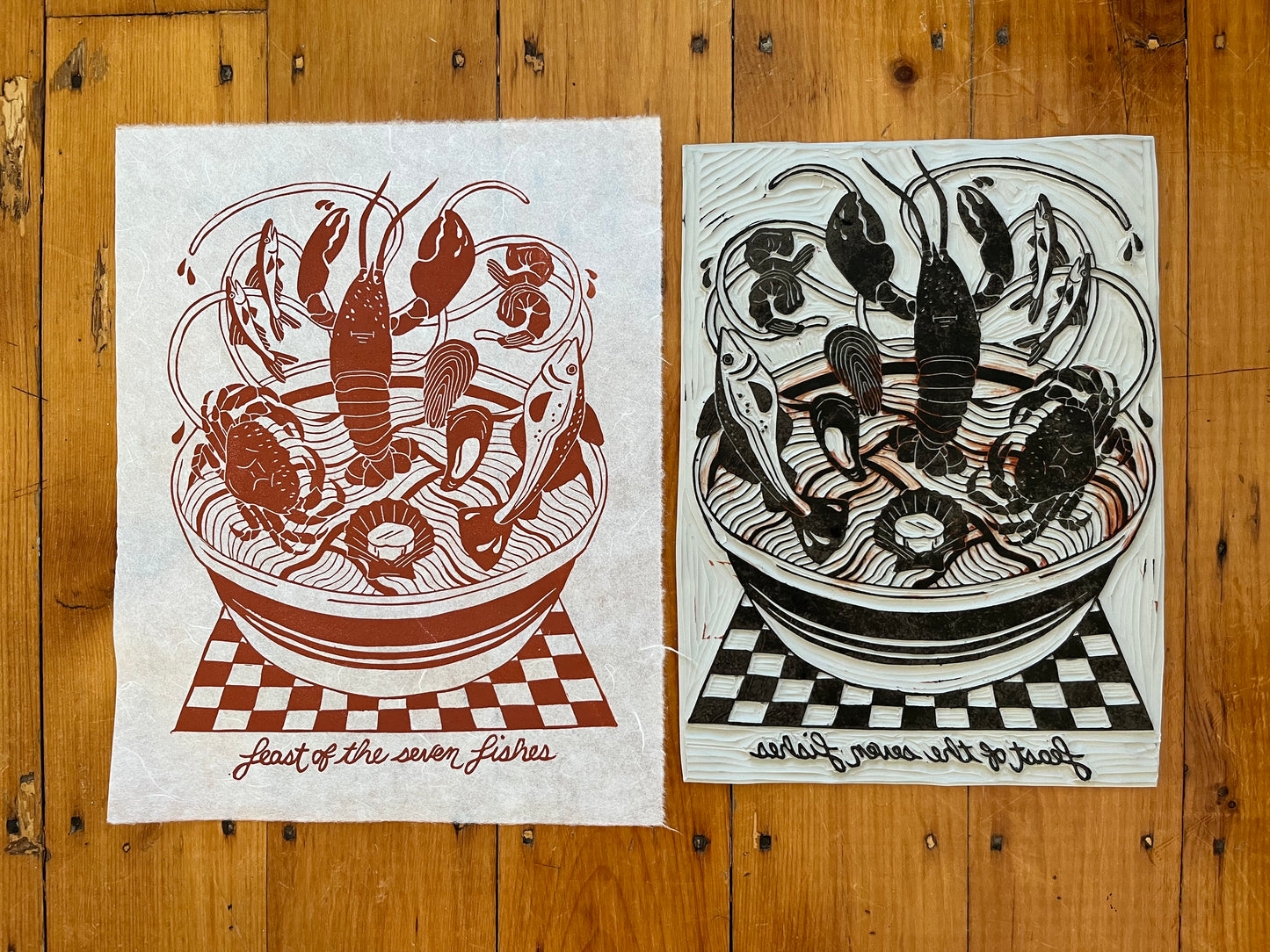 Feast of the Seven Fishes Lino Print