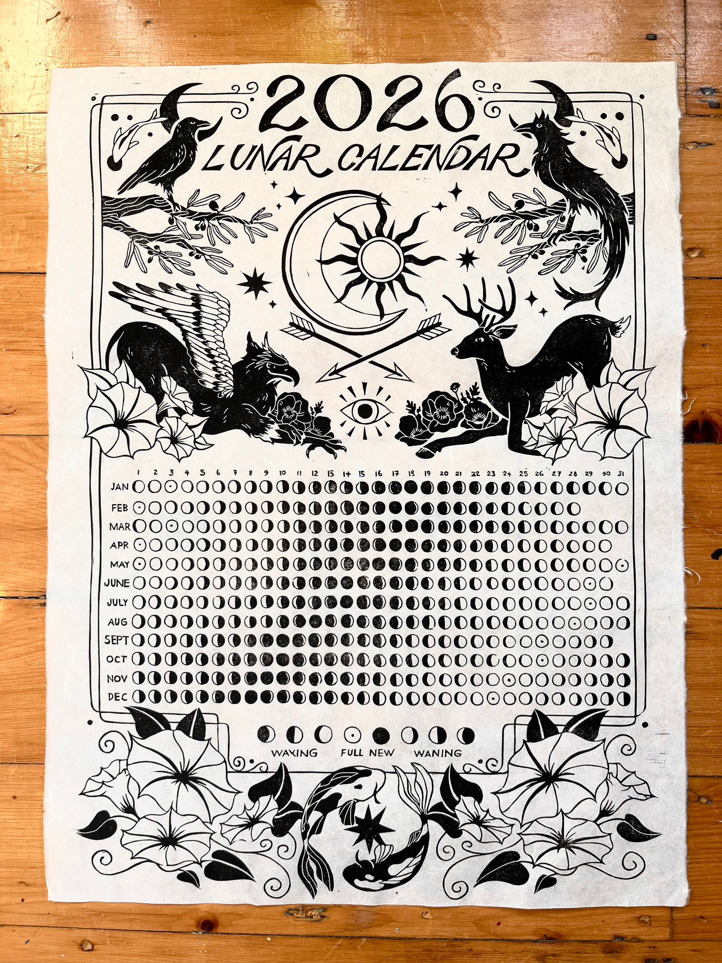 2026 Lunar Calendar // Hand Carved Lino