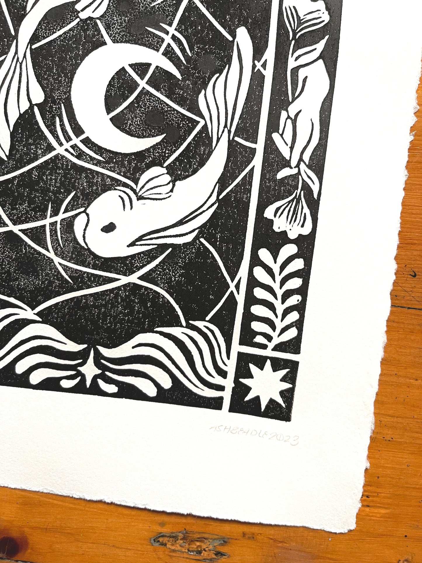 Lunar Fish Lino Print (In Frame)