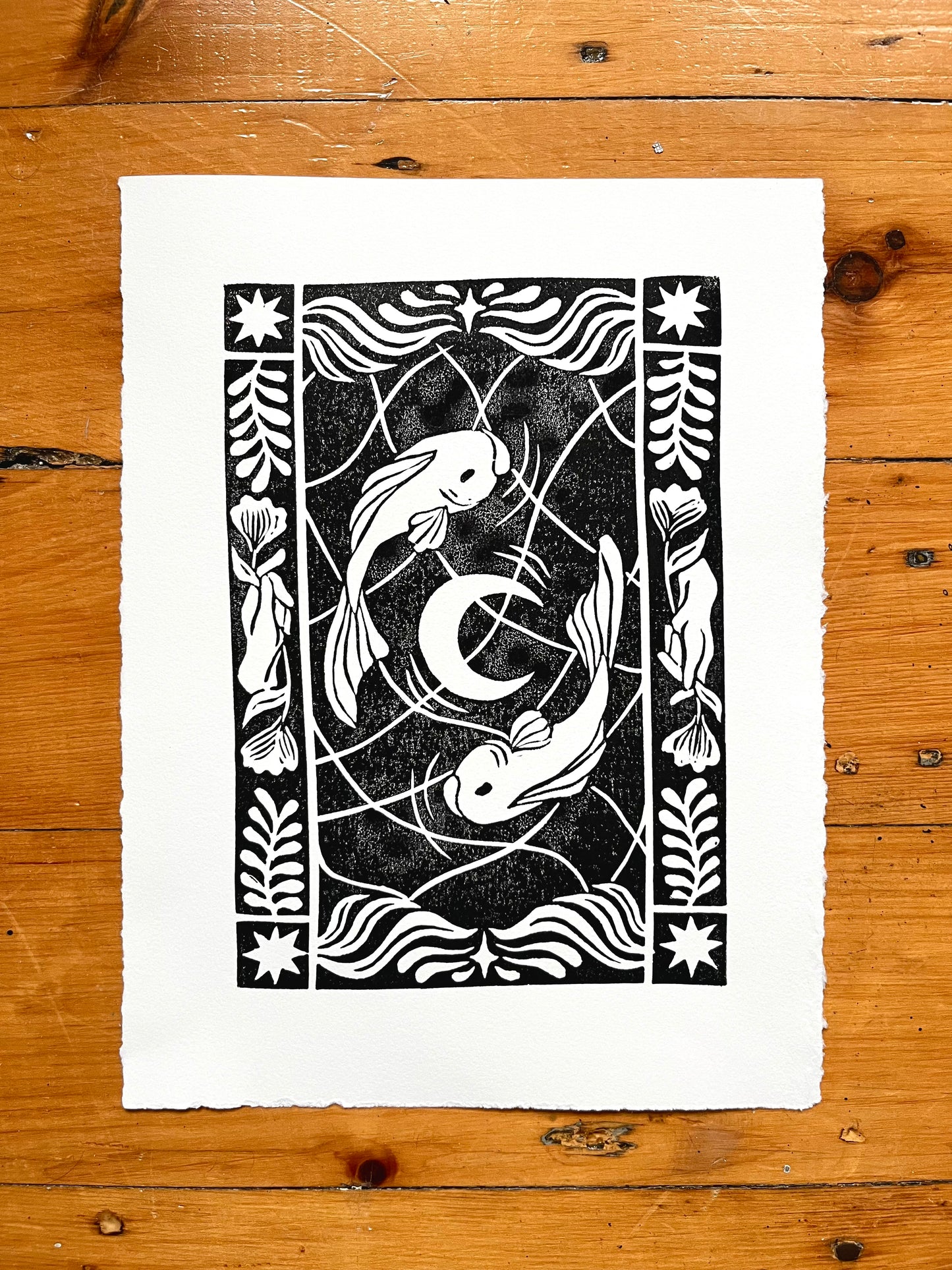 Lunar Fish Lino Print (In Frame)