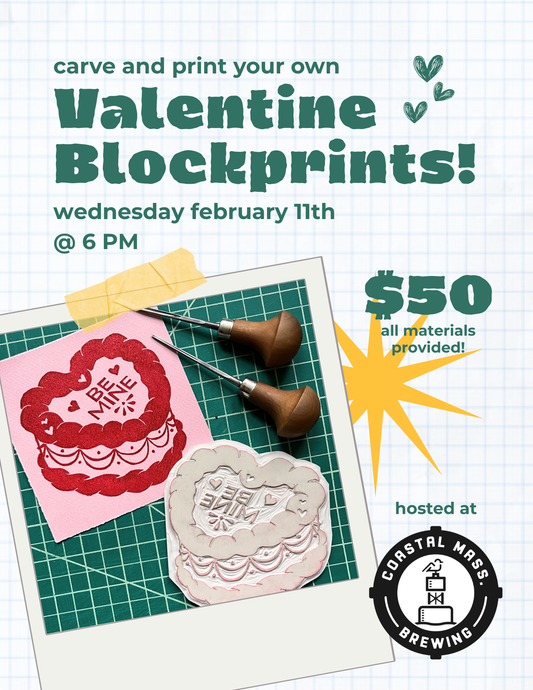 Valentine Blockprinting WORKSHOP! Feb 11 @ 6 PM
