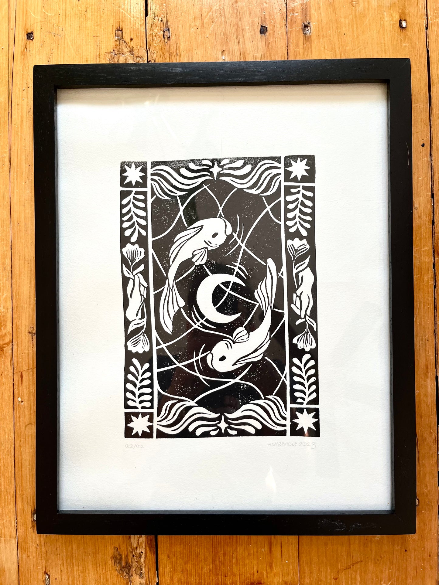 Lunar Fish Lino Print (In Frame)